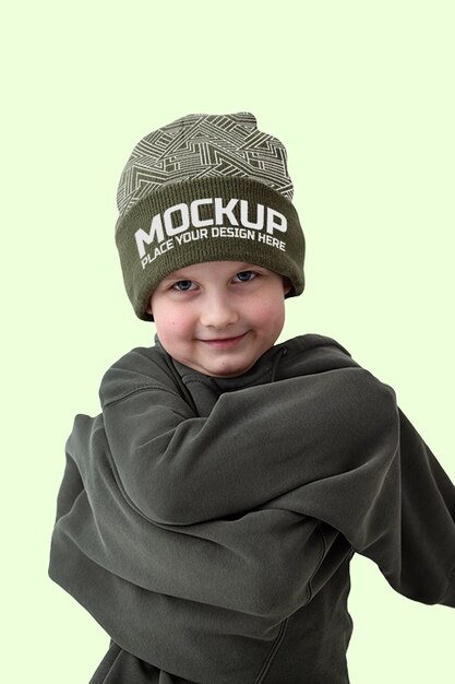 Child wearing beanie mockup
