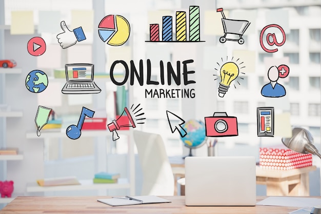 Foto gratuito estrategia de marketing online con dibujos