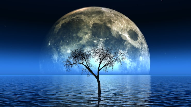 Foto gratuito render 3d de un árbol muerto en el mar con la luna en el cielo