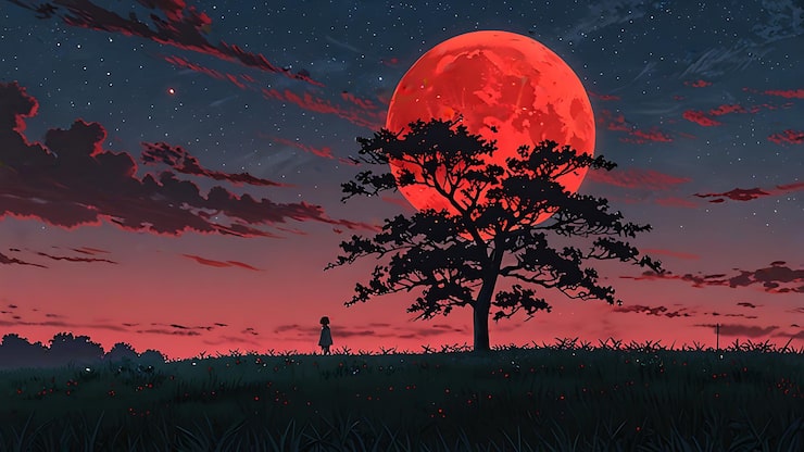 Foto árbol en el cielo con una luna roja en el fondo del anime