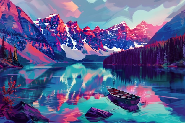 Foto un barco flota en un lago tranquilo rodeado de majestuosas montañas