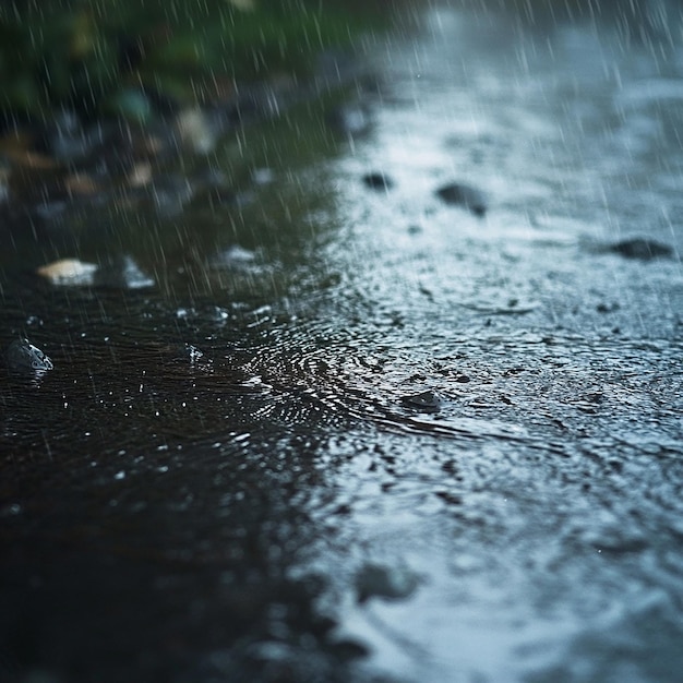Foto un camino empapado de lluvia con un charco de agua y algunas rocas