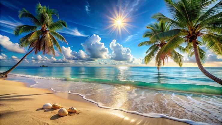 Foto una escena de playa con palmeras y el sol brillando sobre el agua