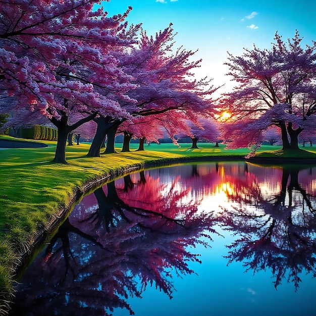 Foto un estanque con árboles de cereza y un estanche con una puesta de sol en el fondo