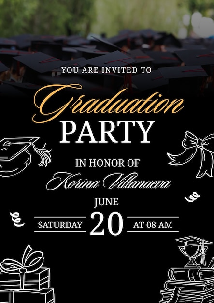 Foto folleto ilustrado para fiesta de graduación en negro