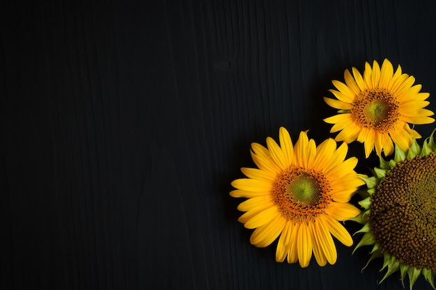 Foto girasol maduro con semillas y flor de girasol amarillo sobre un fondo oscuro
