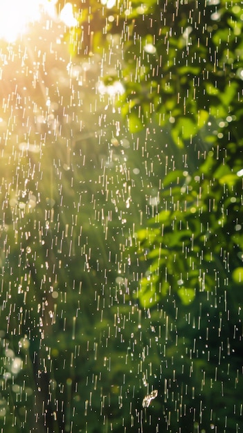 Foto las gotas de lluvia brillan en la cálida luz del sol en medio de hojas verdes vibrantes