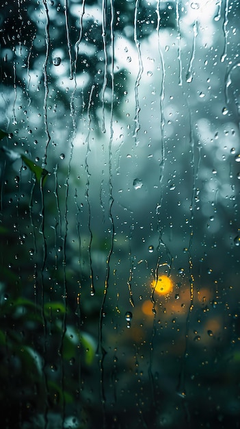 Foto gotas de lluvia en una ventana con una luz en el fondo