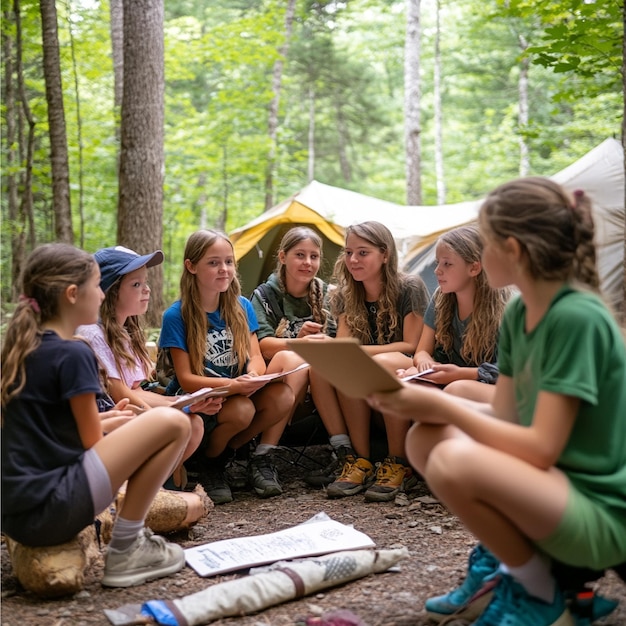 Foto grupo de campistas educando a otros sobre prácticas de campamento sostenibles