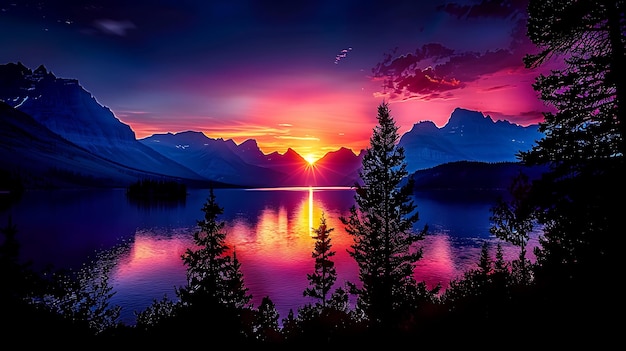 Foto hermosas puestas de sol coloridas sobre el lago st. mary y la isla de los gansos salvajes en glacier