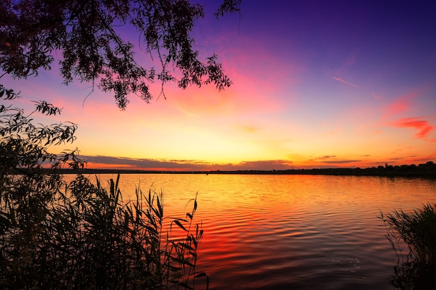 Foto hermoso paisaje con puesta de sol