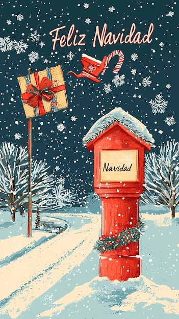 Foto ilustración de tarjeta postal navideña que dice feliz navidad con decoraciones festivas