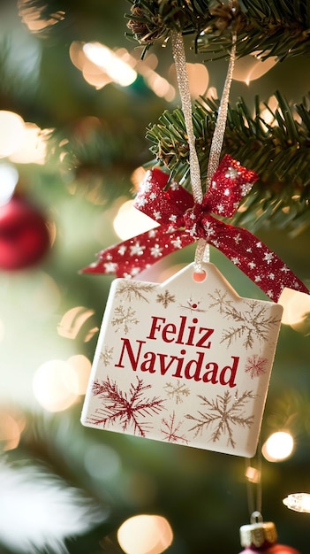 Foto ilustración de tarjeta postal navideña que dice feliz navidad con decoraciones festivas