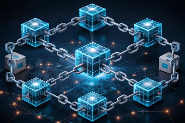 Foto ilustración de la tecnología blockchain y las redes de criptomonedas