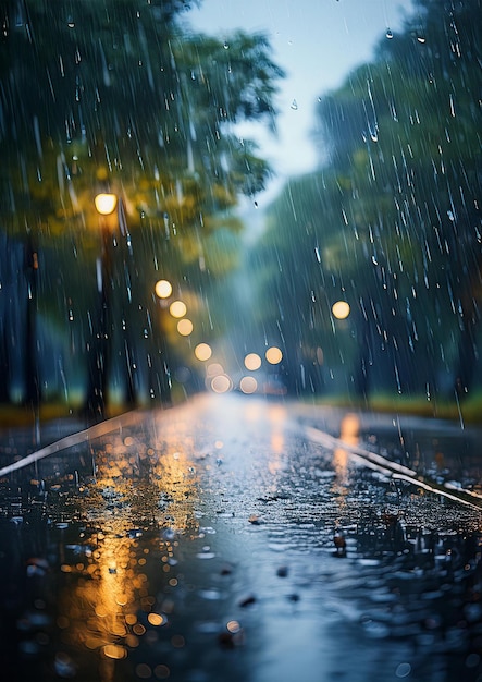 Foto una imagen borrosa de una carretera empapada de lluvia con árboles en el fondo