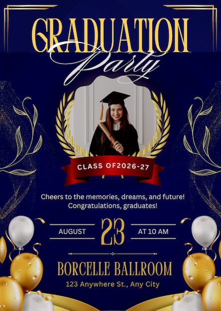 Foto invitación de graduación elegante en azul y dorado