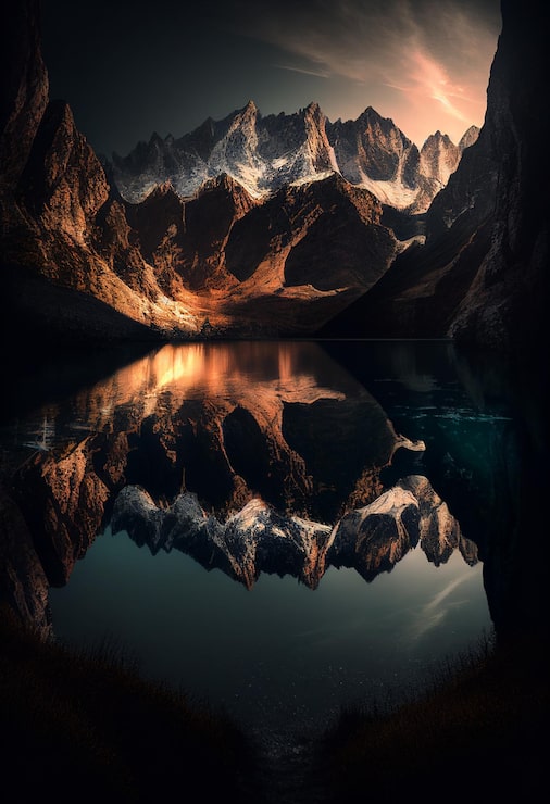 Foto montaña volcánica en la luz del atardecer reflejada en las tranquilas aguas del lago