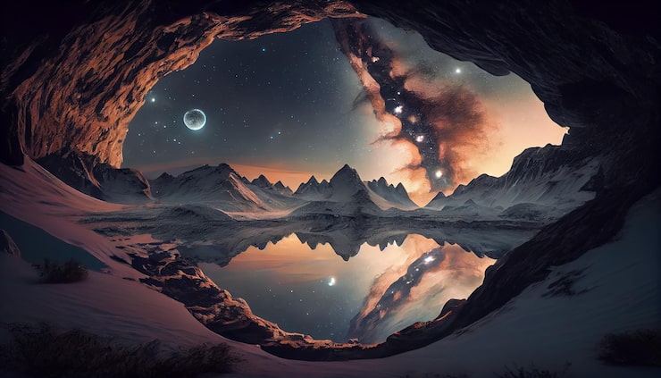 Foto el pico de la montaña nevada bajo la galaxia estrellada majestad ia generativa