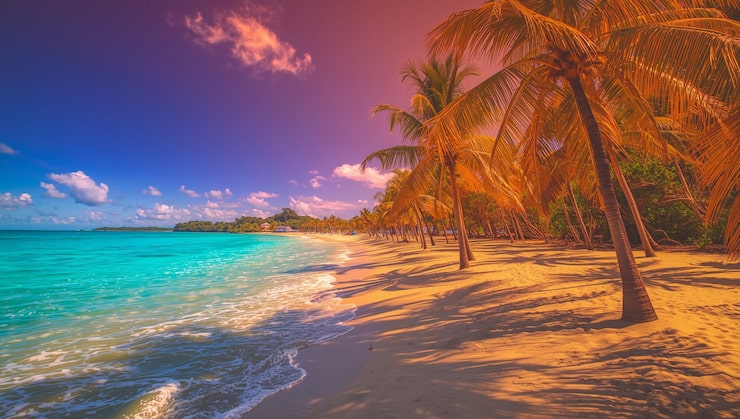 Foto playa tropical con palmeras y agua turquesa