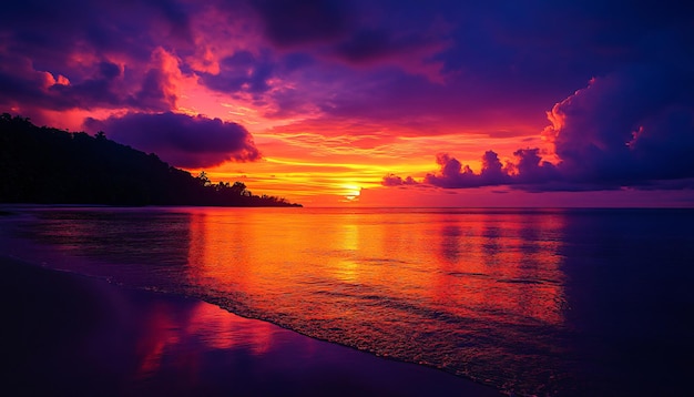 Foto una puesta de sol con un cielo rojo y el océano en el fondo