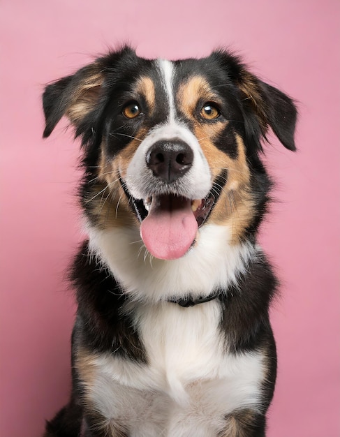 Foto retrato de estudio de un perro de rescate de raza mixta negro, marrón y blanco sonriente sentado y sonriente