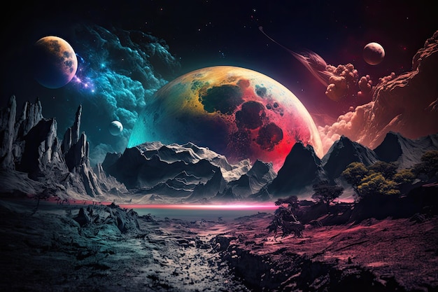 Foto vista de planetas de fantasía colorida