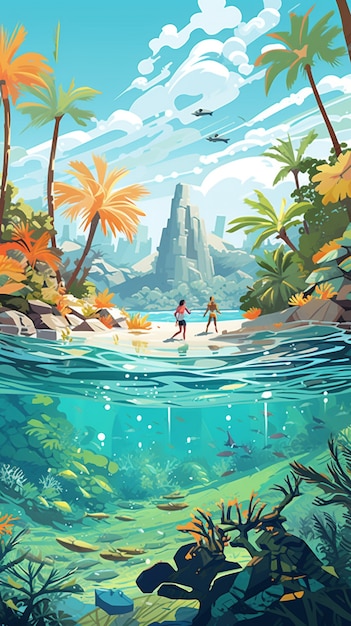 ฟรี Photo ภาพการ์ตูนทิวทัศน์ของเกาะเขตร้อน