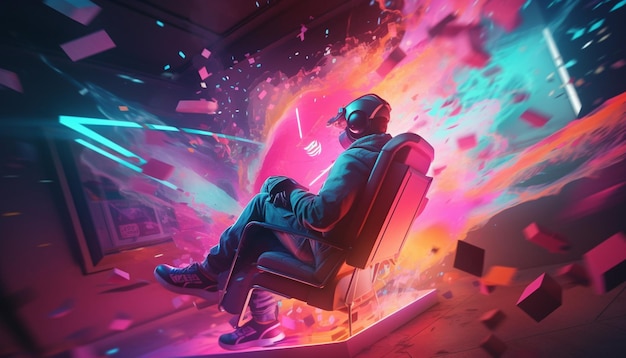 Free Photo a man in a neon suit sits in a chair with a neon sign that says'the word'on it '