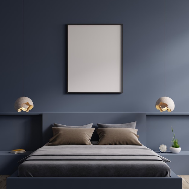 Free Photo poster mockup with vertical frame on empty dark blue wall in bedroom interior