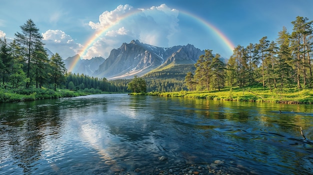 Free Photo view of beautiful rainbow over nature landscape