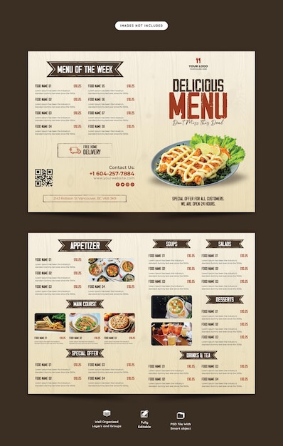 Free PSD food menu and restaurant bifold brochure template