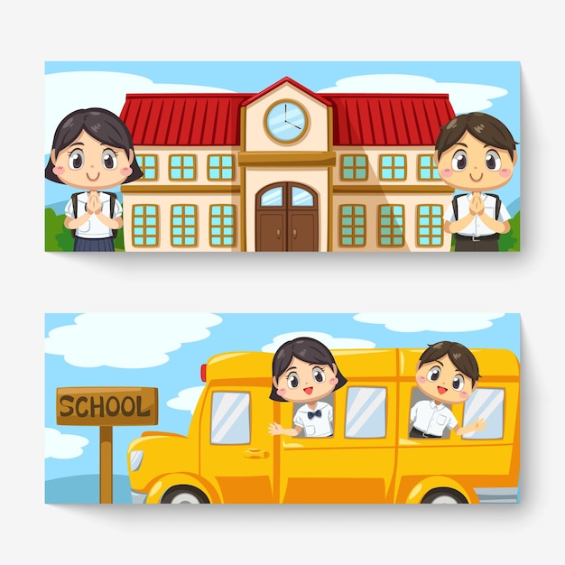 ฟรี Vector แบนเนอร์เด็กชายและเด็กหญิงชาวไทยสวมเครื่องแบบนักเรียนและกระเป๋านักเรียน