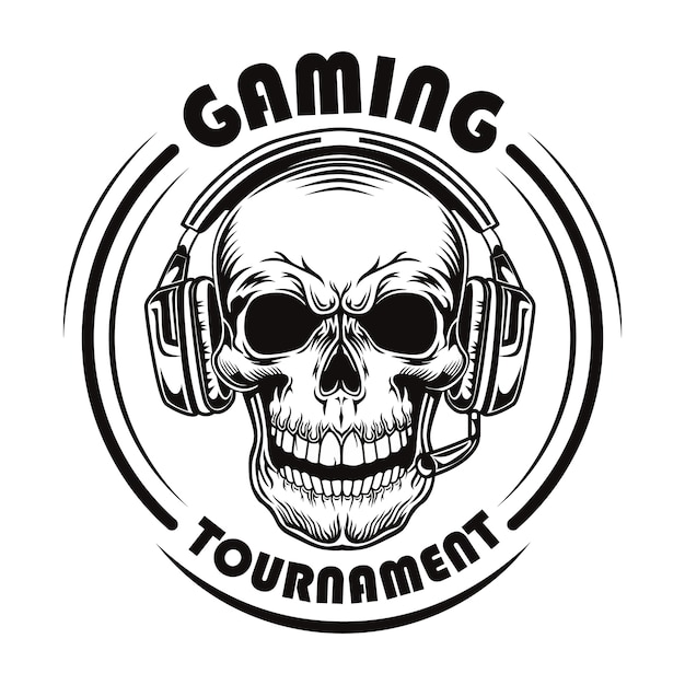 Free Vector black and white skull in headphones vector illustration. vintage dead head of professional gamer