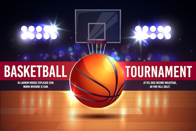 Free Vector cartoon ad poster, banner with basketball tournament - shining ball on a court. 