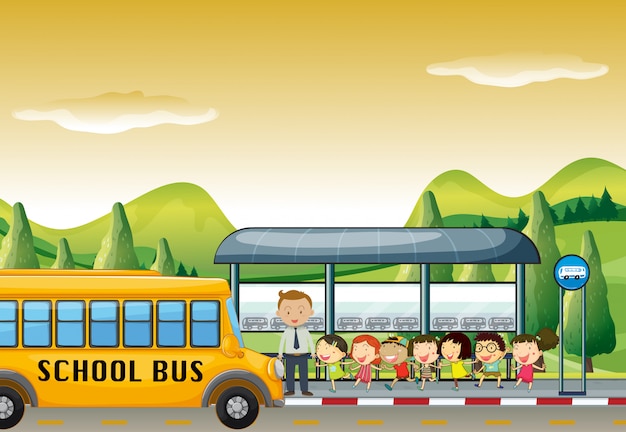 मुफ़्त वेक्टर बच्चे बस स्टॉप पर स्कूल बस में चढ़ रहे हैं
