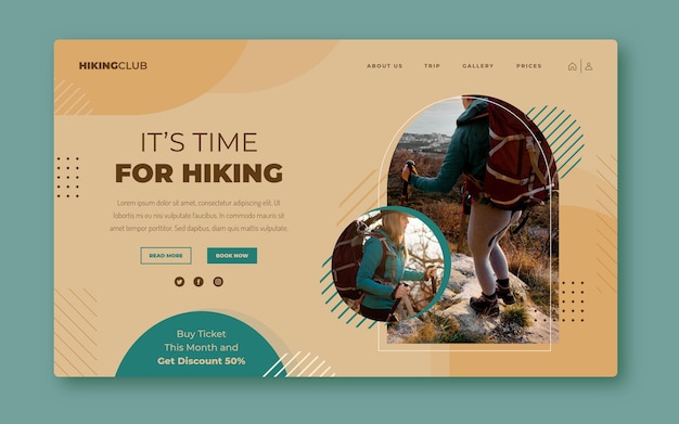 ฟรี Vector เทมเพลตหน้า landing page การผจญภัยแบบเรียบง่ายพร้อมภาพถ่าย