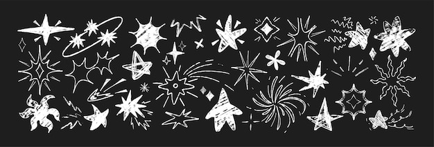免费Vector 黑板上手绘白色蜡笔星星，草图涂鸦节日烟花的矢量插画