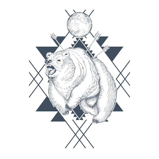 Free Vector hand drawn angry bear, planet in abstract geometric shapes, wounded beast by arrows.