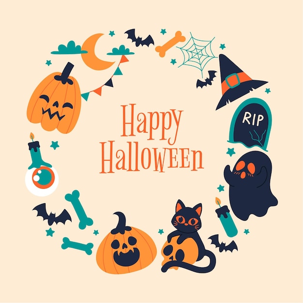 無料Vector 手描きのフラットハロウィンフレームテンプレート