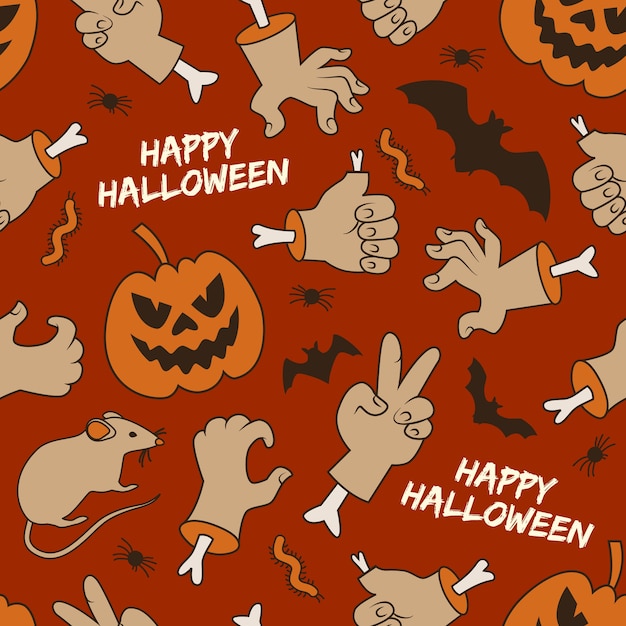 Free Vector happy halloween seamless pattern with lanterns of jack hands worms and bats on red background