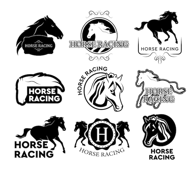 Free Vector horse race logo set. running horse isolated illustrations with text and frames in vintage styles. can be used for equestrian sport labels or polo club badges templates