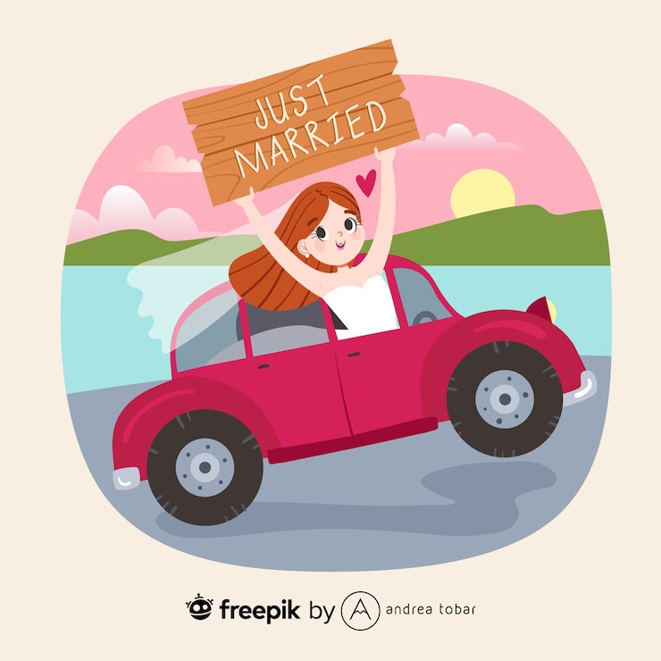 Illustration of woman with just married placard in a car