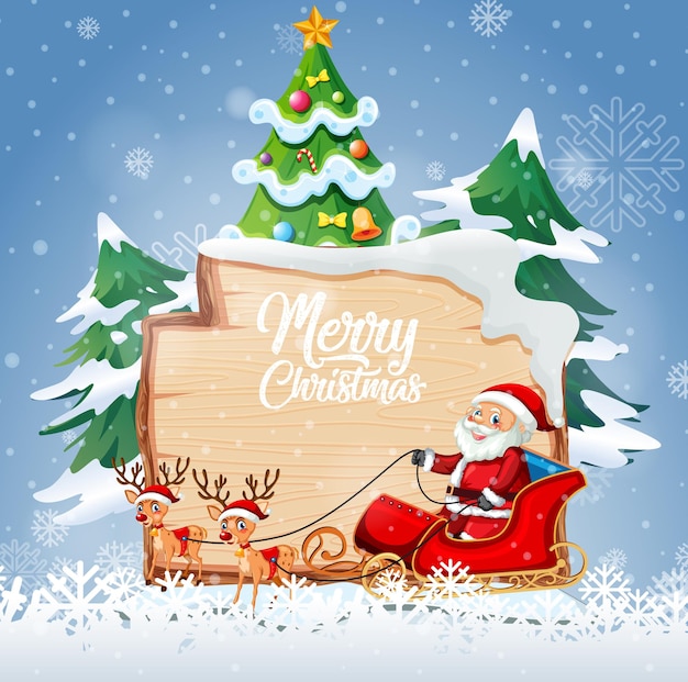 ฟรี Vector โลโก้แบบอักษร merry christmas บนแผ่นไม้พร้อมตัวการ์ตูนคริสต์มาสในฉากหิมะ