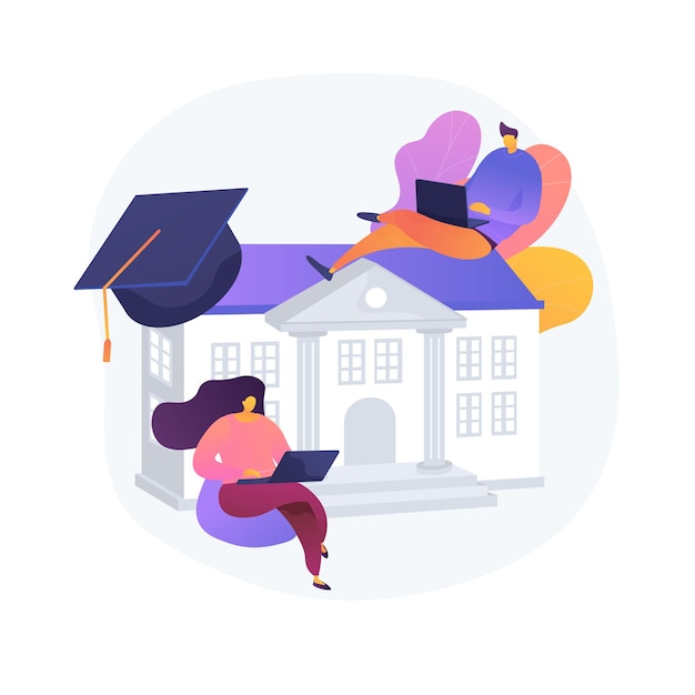 Free Vector people studying remotely, e learning. home education, distance learning, online college. university students with laptops, internet training courses.  