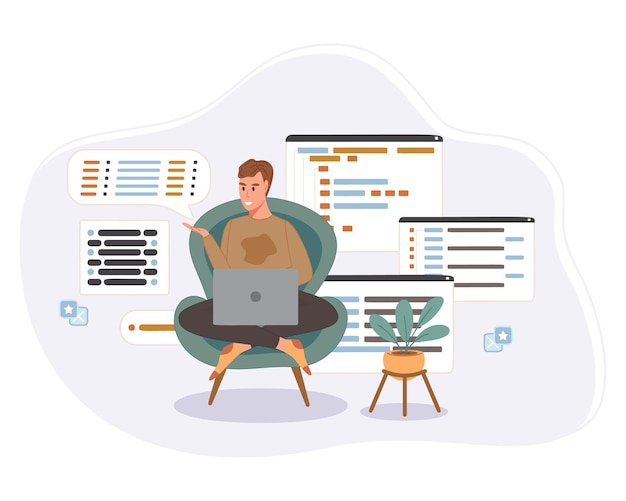 Free Vector programmer working on web development code. engineer programming in python, php and java script on computer. 