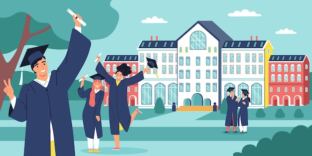 免费Vector 学生平面概念，年轻人毕业场景，背景为大学校园矢量插图