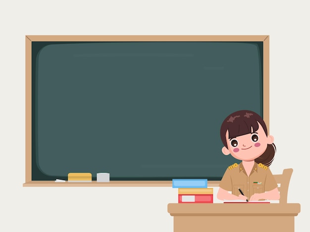 ฟรี Vector ครูนั่งอยู่ในห้องเรียนพร้อมกระดานดำ