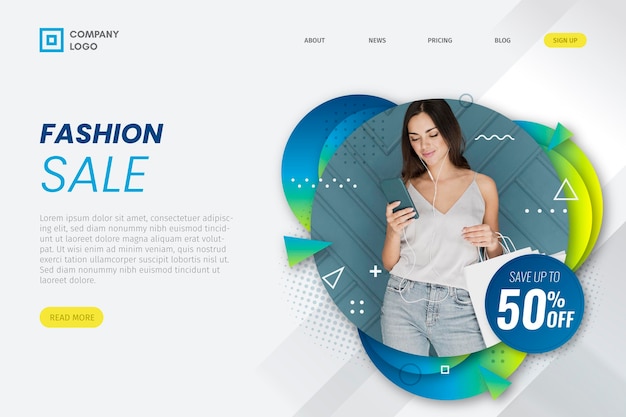 ฟรี Vector หน้า landing page ขายสินค้าแฟชั่น ผู้หญิงมองโทรศัพท์