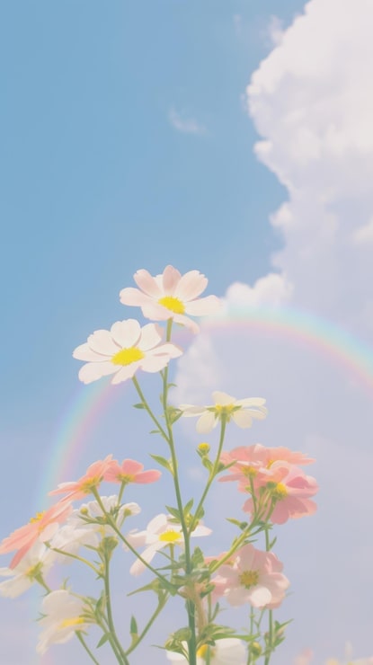 Photo aesthetic flower and rainbow pastel on large pink blue sky landscape wallpaper outdoors nature summer
