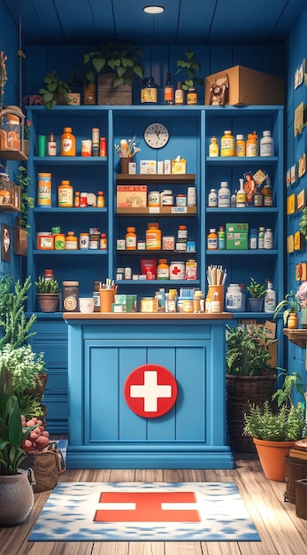 Photo 一个蓝色的架子，上面有一个红色的标志，写着“医疗保健”